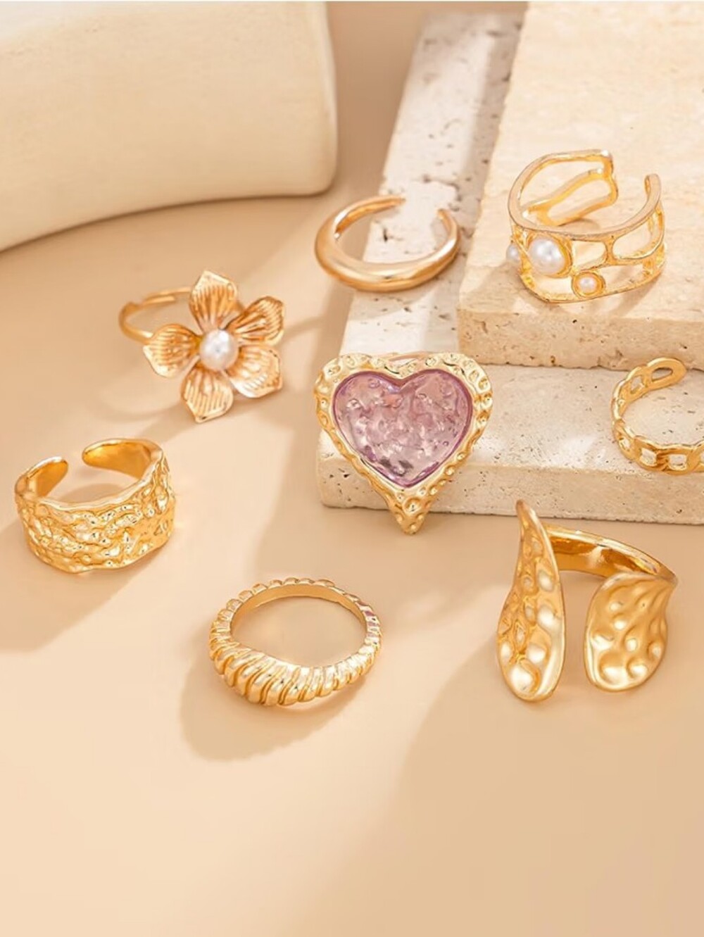 Chunky Gold Stackable Rings Set Non Tarnish Statement Open Adjustable - Picture 4 of 5